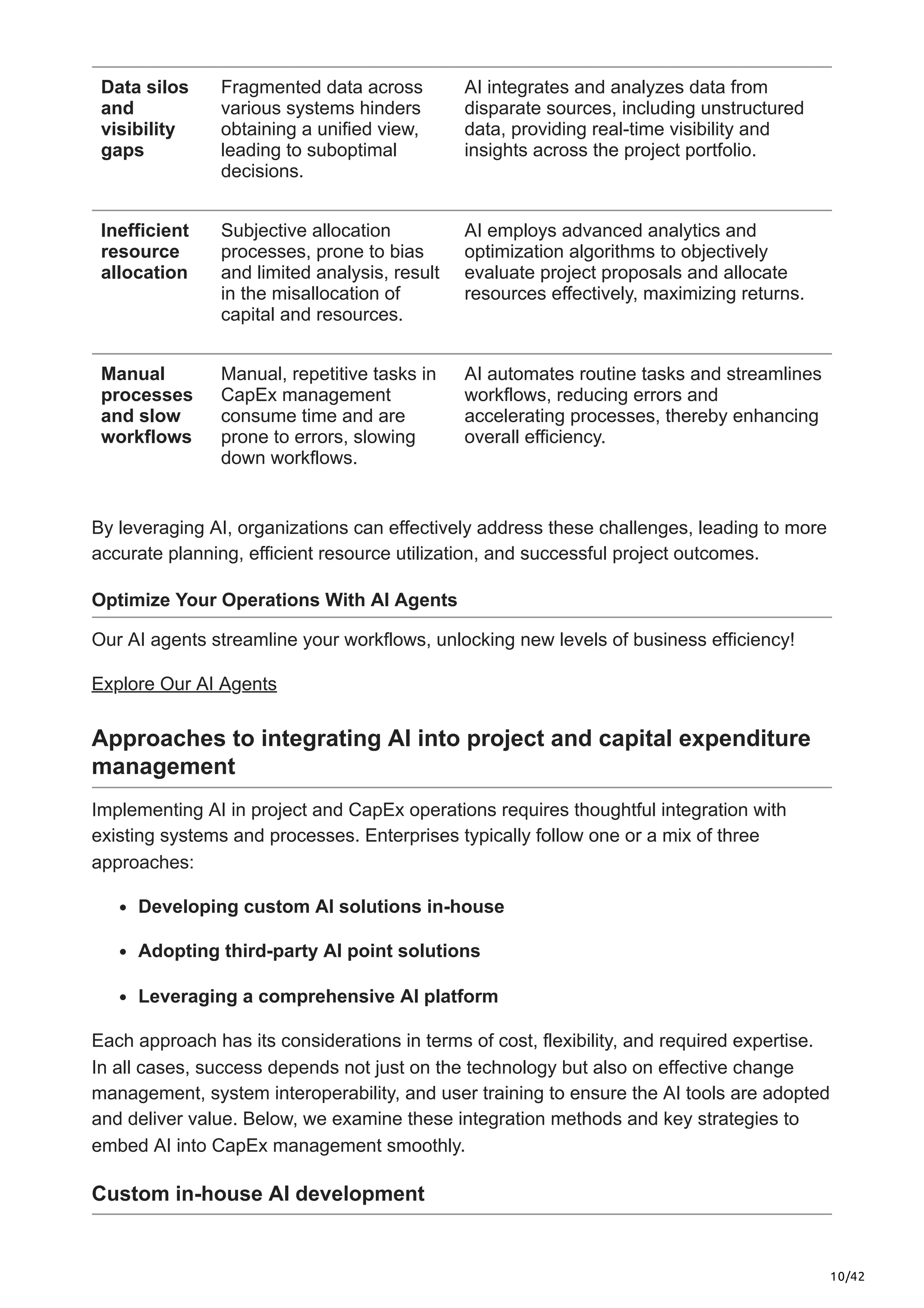 10/42
Data silos
and
visibility
gaps
Fragmented data across
various systems hinders
obtaining a unified view,
leading to suboptimal
decisions.
AI integrates and analyzes data from
disparate sources, including unstructured
data, providing real-time visibility and
insights across the project portfolio.
Inefficient
resource
allocation
Subjective allocation
processes, prone to bias
and limited analysis, result
in the misallocation of
capital and resources.
AI employs advanced analytics and
optimization algorithms to objectively
evaluate project proposals and allocate
resources effectively, maximizing returns.
Manual
processes
and slow
workflows
Manual, repetitive tasks in
CapEx management
consume time and are
prone to errors, slowing
down workflows.
AI automates routine tasks and streamlines
workflows, reducing errors and
accelerating processes, thereby enhancing
overall efficiency.
By leveraging AI, organizations can effectively address these challenges, leading to more
accurate planning, efficient resource utilization, and successful project outcomes.
Optimize Your Operations With AI Agents
Our AI agents streamline your workflows, unlocking new levels of business efficiency!
Explore Our AI Agents
Approaches to integrating AI into project and capital expenditure
management
Implementing AI in project and CapEx operations requires thoughtful integration with
existing systems and processes. Enterprises typically follow one or a mix of three
approaches:
Developing custom AI solutions in-house
Adopting third-party AI point solutions
Leveraging a comprehensive AI platform
Each approach has its considerations in terms of cost, flexibility, and required expertise.
In all cases, success depends not just on the technology but also on effective change
management, system interoperability, and user training to ensure the AI tools are adopted
and deliver value. Below, we examine these integration methods and key strategies to
embed AI into CapEx management smoothly.
Custom in-house AI development
 