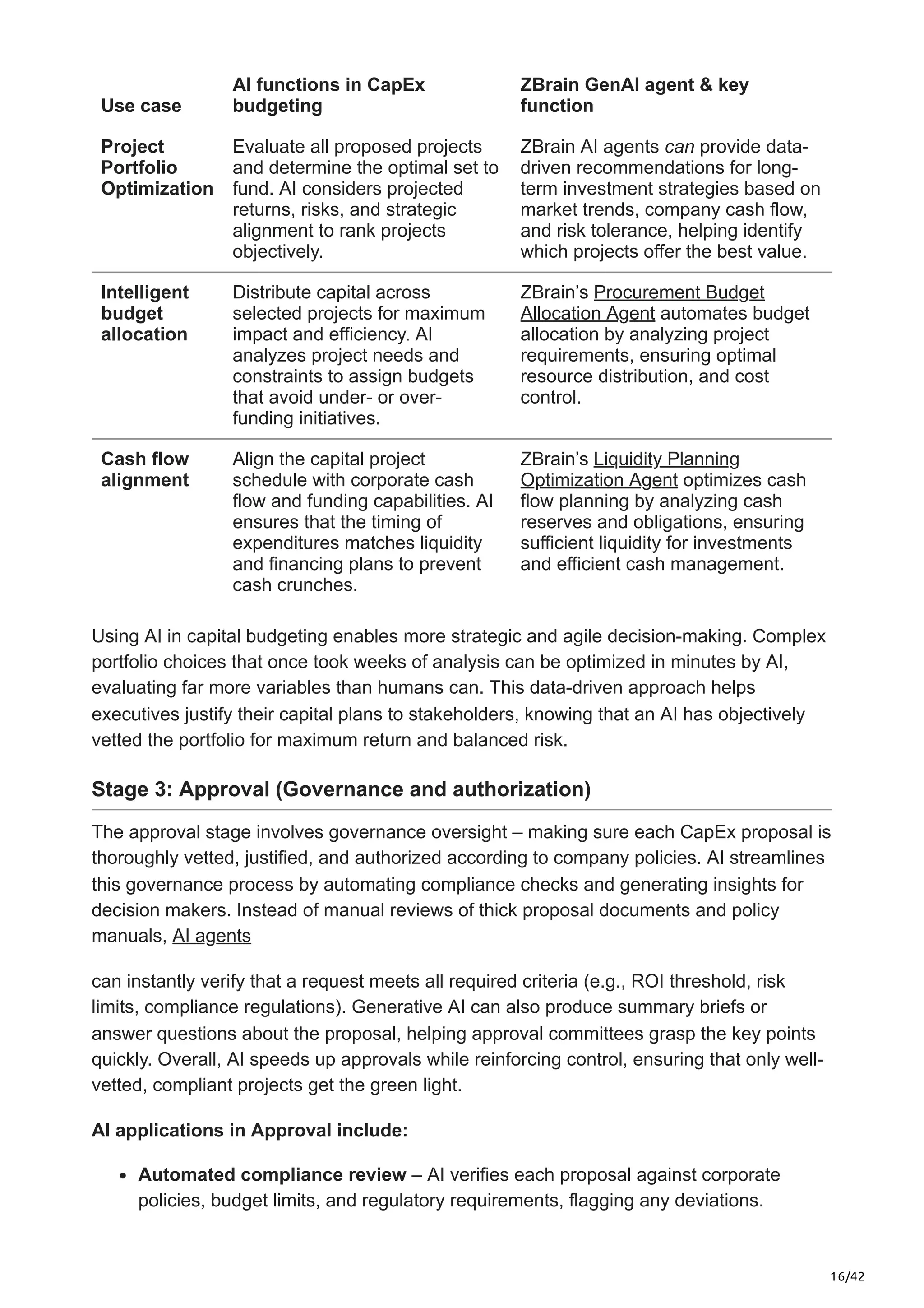 16/42
Use case
AI functions in CapEx
budgeting
ZBrain GenAI agent & key
function
Project
Portfolio
Optimization
Evaluate all proposed projects
and determine the optimal set to
fund. AI considers projected
returns, risks, and strategic
alignment to rank projects
objectively.
ZBrain AI agents can provide data-
driven recommendations for long-
term investment strategies based on
market trends, company cash flow,
and risk tolerance, helping identify
which projects offer the best value.
Intelligent
budget
allocation
Distribute capital across
selected projects for maximum
impact and efficiency. AI
analyzes project needs and
constraints to assign budgets
that avoid under- or over-
funding initiatives.
ZBrain’s Procurement Budget
Allocation Agent automates budget
allocation by analyzing project
requirements, ensuring optimal
resource distribution, and cost
control.
Cash flow
alignment
Align the capital project
schedule with corporate cash
flow and funding capabilities. AI
ensures that the timing of
expenditures matches liquidity
and financing plans to prevent
cash crunches.
ZBrain’s Liquidity Planning
Optimization Agent optimizes cash
flow planning by analyzing cash
reserves and obligations, ensuring
sufficient liquidity for investments
and efficient cash management.
Using AI in capital budgeting enables more strategic and agile decision-making. Complex
portfolio choices that once took weeks of analysis can be optimized in minutes by AI,
evaluating far more variables than humans can. This data-driven approach helps
executives justify their capital plans to stakeholders, knowing that an AI has objectively
vetted the portfolio for maximum return and balanced risk.
Stage 3: Approval (Governance and authorization)
The approval stage involves governance oversight – making sure each CapEx proposal is
thoroughly vetted, justified, and authorized according to company policies. AI streamlines
this governance process by automating compliance checks and generating insights for
decision makers. Instead of manual reviews of thick proposal documents and policy
manuals, AI agents
can instantly verify that a request meets all required criteria (e.g., ROI threshold, risk
limits, compliance regulations). Generative AI can also produce summary briefs or
answer questions about the proposal, helping approval committees grasp the key points
quickly. Overall, AI speeds up approvals while reinforcing control, ensuring that only well-
vetted, compliant projects get the green light.
AI applications in Approval include:
Automated compliance review – AI verifies each proposal against corporate
policies, budget limits, and regulatory requirements, flagging any deviations.
 