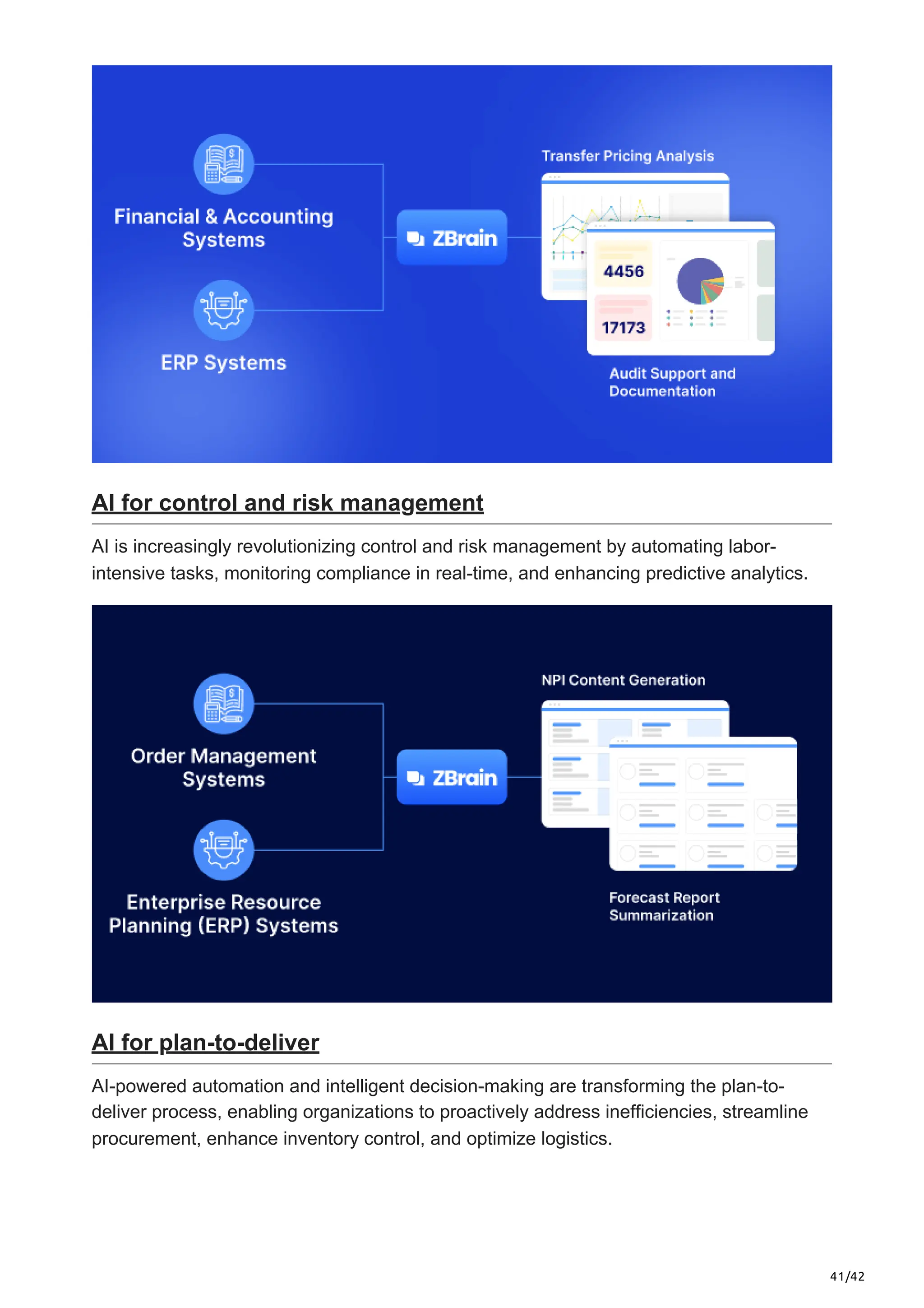 41/42
AI for control and risk management
AI is increasingly revolutionizing control and risk management by automating labor-
intensive tasks, monitoring compliance in real-time, and enhancing predictive analytics.
AI for plan-to-deliver
AI-powered automation and intelligent decision-making are transforming the plan-to-
deliver process, enabling organizations to proactively address inefficiencies, streamline
procurement, enhance inventory control, and optimize logistics.
 