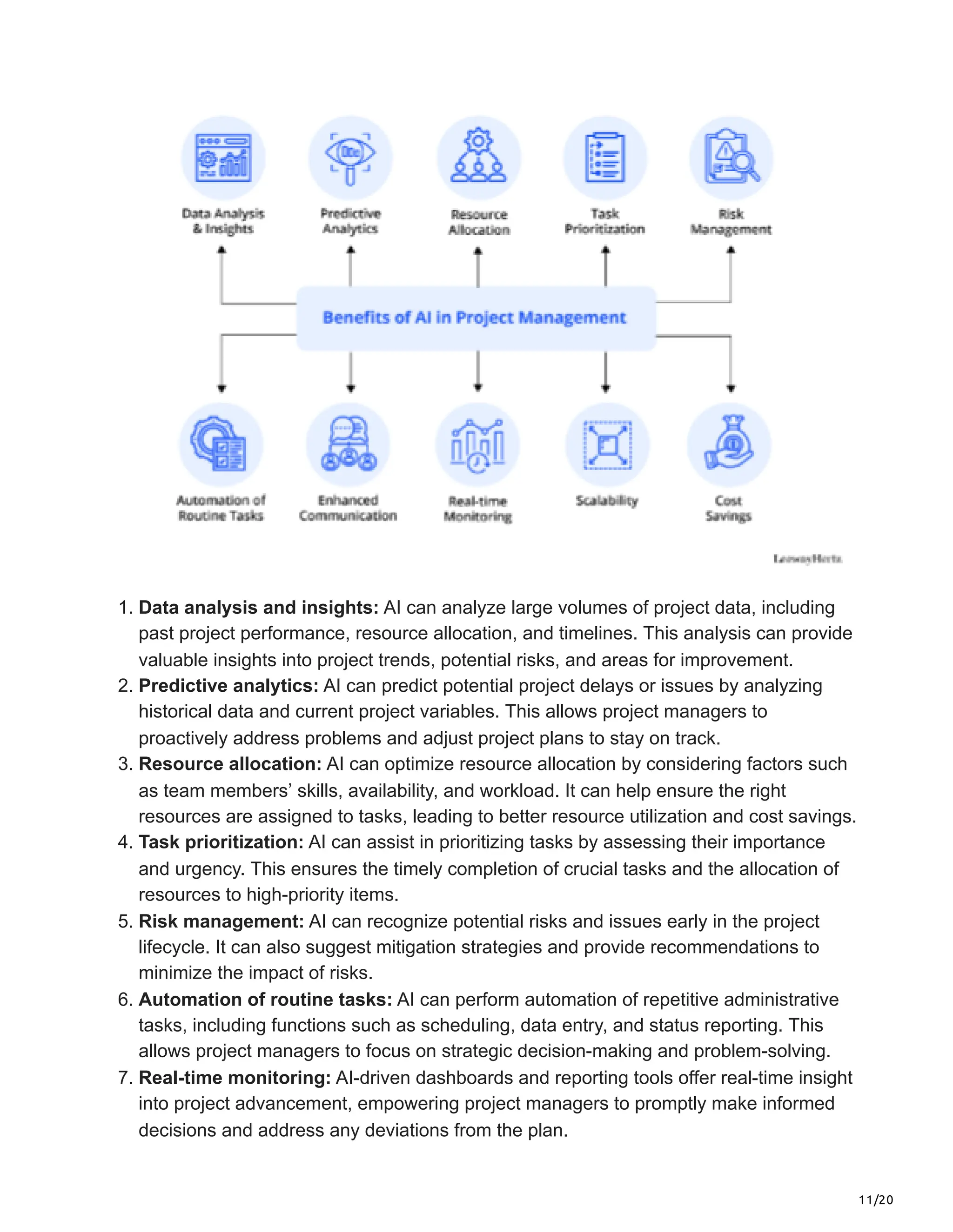 11/20
1. Data analysis and insights: AI can analyze large volumes of project data, including
past project performance, resource allocation, and timelines. This analysis can provide
valuable insights into project trends, potential risks, and areas for improvement.
2. Predictive analytics: AI can predict potential project delays or issues by analyzing
historical data and current project variables. This allows project managers to
proactively address problems and adjust project plans to stay on track.
3. Resource allocation: AI can optimize resource allocation by considering factors such
as team members’ skills, availability, and workload. It can help ensure the right
resources are assigned to tasks, leading to better resource utilization and cost savings.
4. Task prioritization: AI can assist in prioritizing tasks by assessing their importance
and urgency. This ensures the timely completion of crucial tasks and the allocation of
resources to high-priority items.
5. Risk management: AI can recognize potential risks and issues early in the project
lifecycle. It can also suggest mitigation strategies and provide recommendations to
minimize the impact of risks.
6. Automation of routine tasks: AI can perform automation of repetitive administrative
tasks, including functions such as scheduling, data entry, and status reporting. This
allows project managers to focus on strategic decision-making and problem-solving.
7. Real-time monitoring: AI-driven dashboards and reporting tools offer real-time insight
into project advancement, empowering project managers to promptly make informed
decisions and address any deviations from the plan.
 