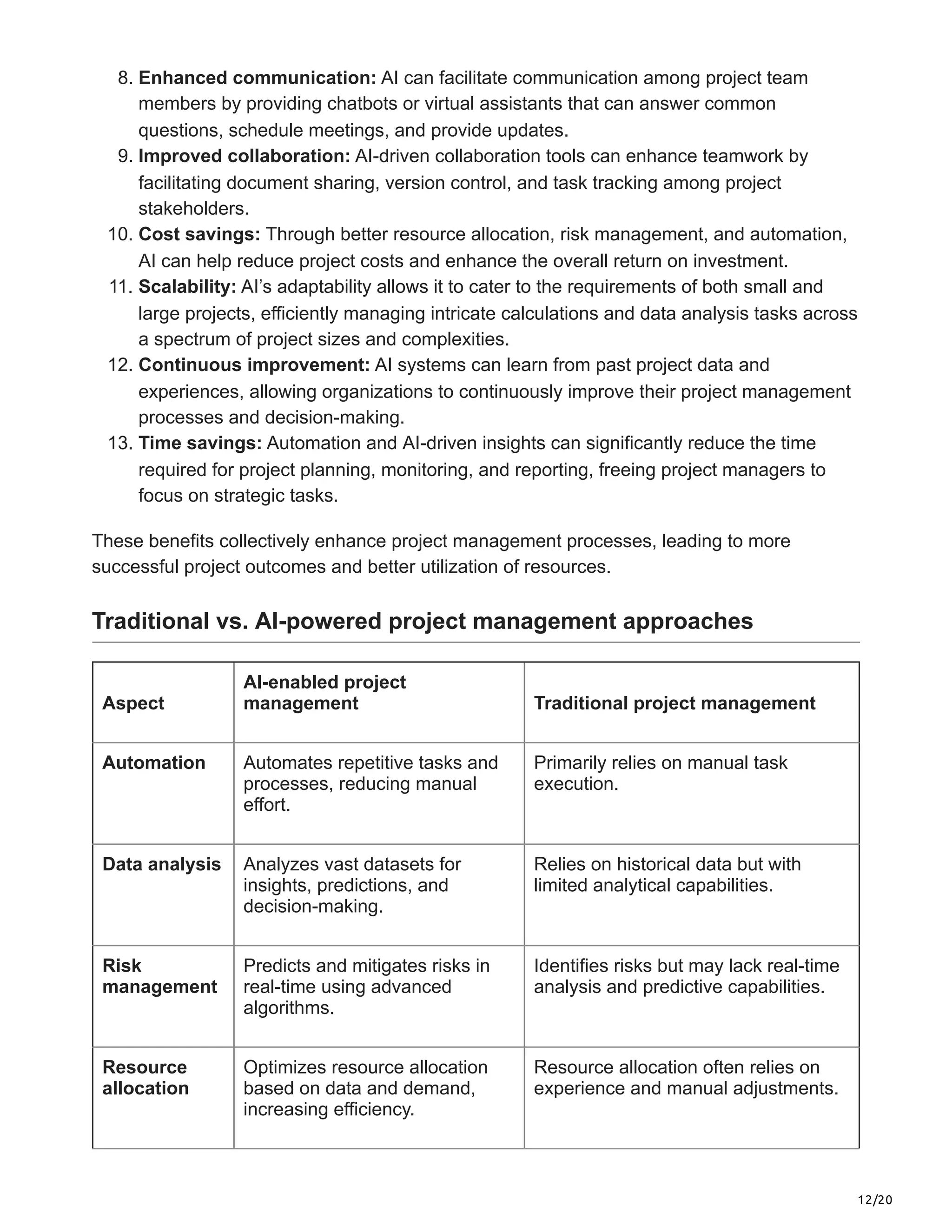 12/20
8. Enhanced communication: AI can facilitate communication among project team
members by providing chatbots or virtual assistants that can answer common
questions, schedule meetings, and provide updates.
9. Improved collaboration: AI-driven collaboration tools can enhance teamwork by
facilitating document sharing, version control, and task tracking among project
stakeholders.
10. Cost savings: Through better resource allocation, risk management, and automation,
AI can help reduce project costs and enhance the overall return on investment.
11. Scalability: AI’s adaptability allows it to cater to the requirements of both small and
large projects, efficiently managing intricate calculations and data analysis tasks across
a spectrum of project sizes and complexities.
12. Continuous improvement: AI systems can learn from past project data and
experiences, allowing organizations to continuously improve their project management
processes and decision-making.
13. Time savings: Automation and AI-driven insights can significantly reduce the time
required for project planning, monitoring, and reporting, freeing project managers to
focus on strategic tasks.
These benefits collectively enhance project management processes, leading to more
successful project outcomes and better utilization of resources.
Traditional vs. AI-powered project management approaches
Aspect
AI-enabled project
management Traditional project management
Automation Automates repetitive tasks and
processes, reducing manual
effort.
Primarily relies on manual task
execution.
Data analysis Analyzes vast datasets for
insights, predictions, and
decision-making.
Relies on historical data but with
limited analytical capabilities.
Risk
management
Predicts and mitigates risks in
real-time using advanced
algorithms.
Identifies risks but may lack real-time
analysis and predictive capabilities.
Resource
allocation
Optimizes resource allocation
based on data and demand,
increasing efficiency.
Resource allocation often relies on
experience and manual adjustments.
 