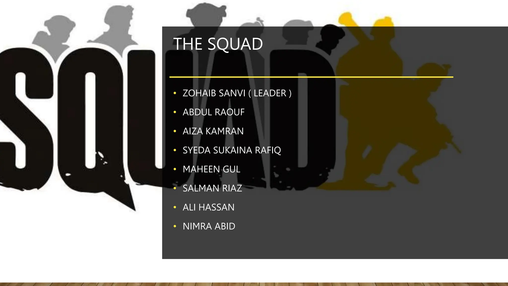 THE SQUAD
• ZOHAIB SANVI ( LEADER )
• ABDUL RAOUF
• AIZA KAMRAN
• SYEDA SUKAINA RAFIQ
• MAHEEN GUL
• SALMAN RIAZ
• ALI HASSAN
• NIMRA ABID
 