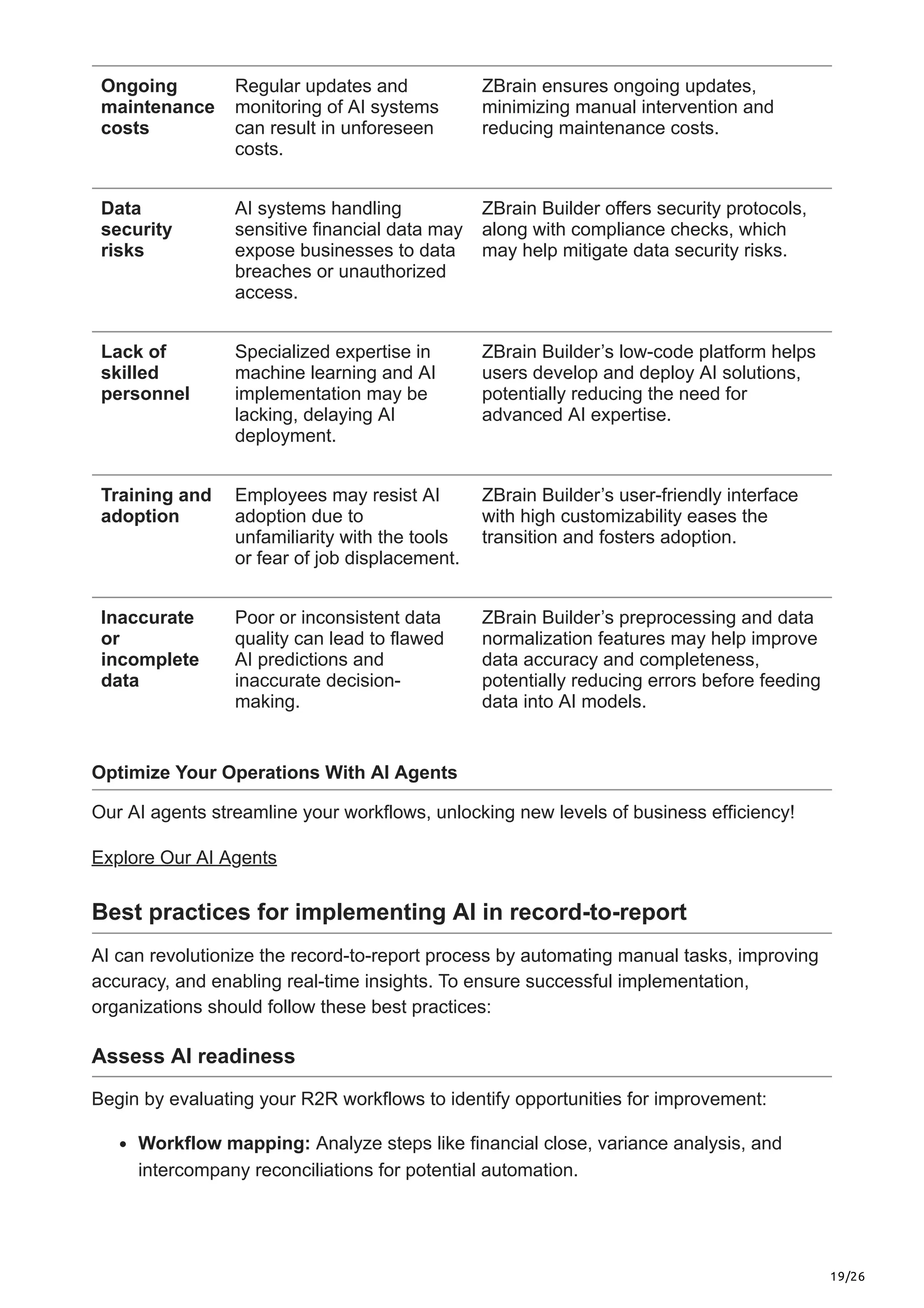 19/26
Ongoing
maintenance
costs
Regular updates and
monitoring of AI systems
can result in unforeseen
costs.
ZBrain ensures ongoing updates,
minimizing manual intervention and
reducing maintenance costs.
Data
security
risks
AI systems handling
sensitive financial data may
expose businesses to data
breaches or unauthorized
access.
ZBrain Builder offers security protocols,
along with compliance checks, which
may help mitigate data security risks.
Lack of
skilled
personnel
Specialized expertise in
machine learning and AI
implementation may be
lacking, delaying AI
deployment.
ZBrain Builder’s low-code platform helps
users develop and deploy AI solutions,
potentially reducing the need for
advanced AI expertise.
Training and
adoption
Employees may resist AI
adoption due to
unfamiliarity with the tools
or fear of job displacement.
ZBrain Builder’s user-friendly interface
with high customizability eases the
transition and fosters adoption.
Inaccurate
or
incomplete
data
Poor or inconsistent data
quality can lead to flawed
AI predictions and
inaccurate decision-
making.
ZBrain Builder’s preprocessing and data
normalization features may help improve
data accuracy and completeness,
potentially reducing errors before feeding
data into AI models.
Optimize Your Operations With AI Agents
Our AI agents streamline your workflows, unlocking new levels of business efficiency!
Explore Our AI Agents
Best practices for implementing AI in record-to-report
AI can revolutionize the record-to-report process by automating manual tasks, improving
accuracy, and enabling real-time insights. To ensure successful implementation,
organizations should follow these best practices:
Assess AI readiness
Begin by evaluating your R2R workflows to identify opportunities for improvement:
Workflow mapping: Analyze steps like financial close, variance analysis, and
intercompany reconciliations for potential automation.
 