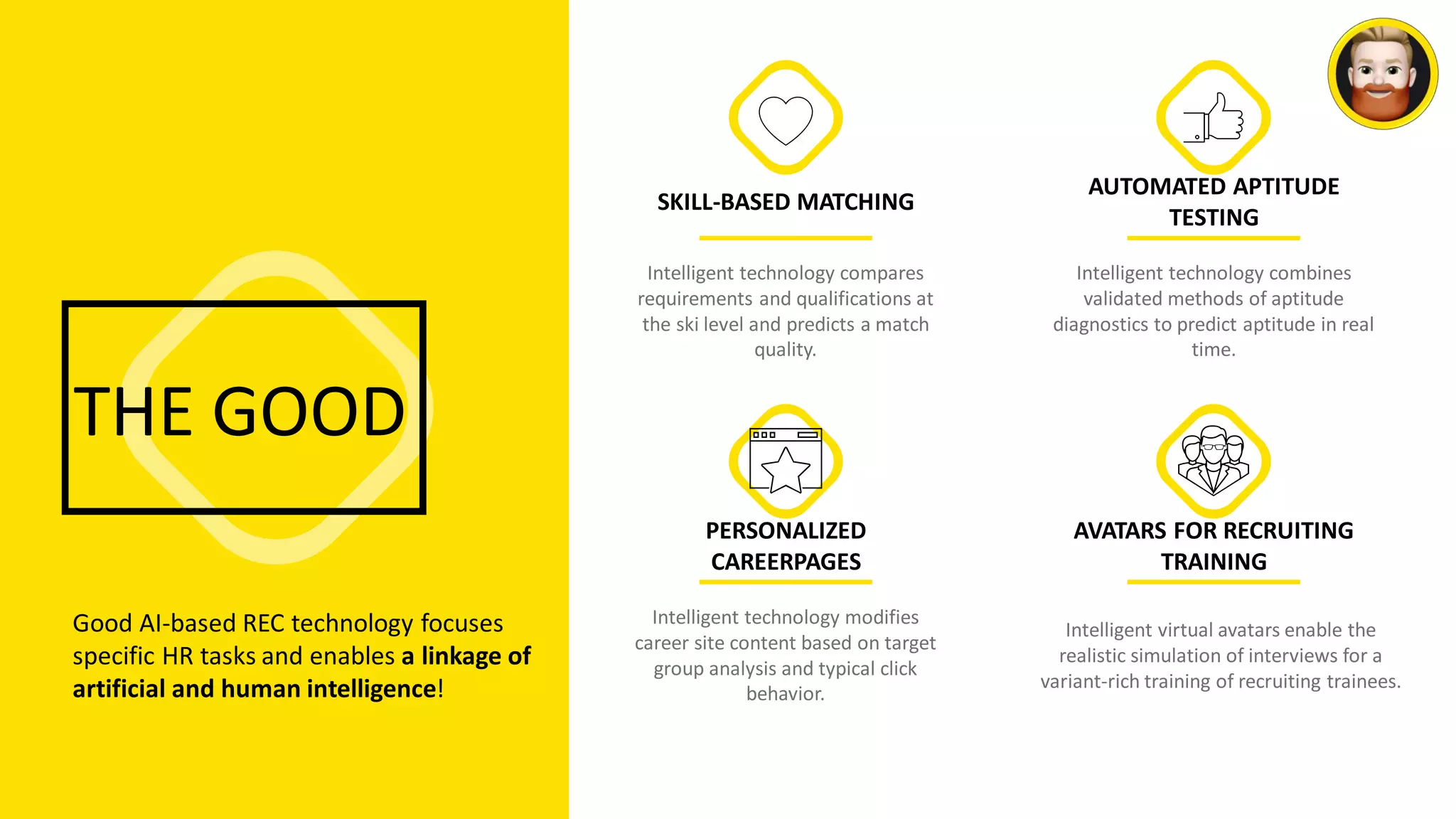 THE GOOD
SKILL-BASED MATCHING
Intelligent technology compares
requirements and qualifications at
the ski level and predicts a match
quality.
AUTOMATED APTITUDE
TESTING
Intelligent technology combines
validated methods of aptitude
diagnostics to predict aptitude in real
time.
PERSONALIZED
CAREERPAGES
Intelligent technology modifies
career site content based on target
group analysis and typical click
behavior.
AVATARS FOR RECRUITING
TRAINING
Intelligent virtual avatars enable the
realistic simulation of interviews for a
variant-rich training of recruiting trainees.
Good AI-based REC technology focuses
specific HR tasks and enables a linkage of
artificial and human intelligence!
 
