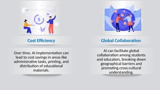 Global Collaboration
Cost Efficiency
Over time, AI implementation can
lead to cost savings in areas like
administrative tasks, printing, and
distribution of educational
materials.
AI can facilitate global
collaboration among students
and educators, breaking down
geographical barriers and
promoting cross-cultural
understanding.
 
