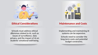 Maintenance and Costs
Ethical Considerations
Schools must address ethical
dilemmas related to AI, such as
issues of surveillance, data
privacy, and the impact of AI on
students' emotional well-being.
Implementing and maintaining AI
systems can be expensive.
Schools need to consider the
long-term costs and potential
budget constraints.
 