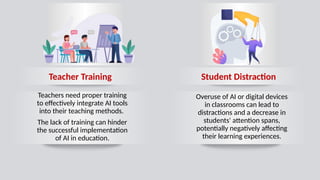 Student Distraction
Teacher Training
Teachers need proper training
to effectively integrate AI tools
into their teaching methods.
The lack of training can hinder
the successful implementation
of AI in education.
Overuse of AI or digital devices
in classrooms can lead to
distractions and a decrease in
students' attention spans,
potentially negatively affecting
their learning experiences.
 