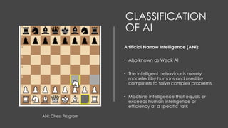 CLASSIFICATION
OF AI
Artificial Narrow Intelligence (ANI):
• Also known as Weak AI
• The intelligent behaviour is merely
modelled by humans and used by
computers to solve complex problems
• Machine intelligence that equals or
exceeds human intelligence or
efficiency at a specific task
ANI: Chess Program
 
