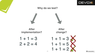 @roesslerj29
Why do we test?
After
implementation?
1 + 1 = 3
2 + 2 = 4
After
change?
1 + 1 = 3
1 + 1 = 5
1 + 1 = 2
 
