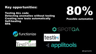 Key opportunities:
Testing ALL code
Detecting anomalies without testing
Creating new tests automatically
Self-healing
RPA
@hugomcpinto
80%Possible automation
 