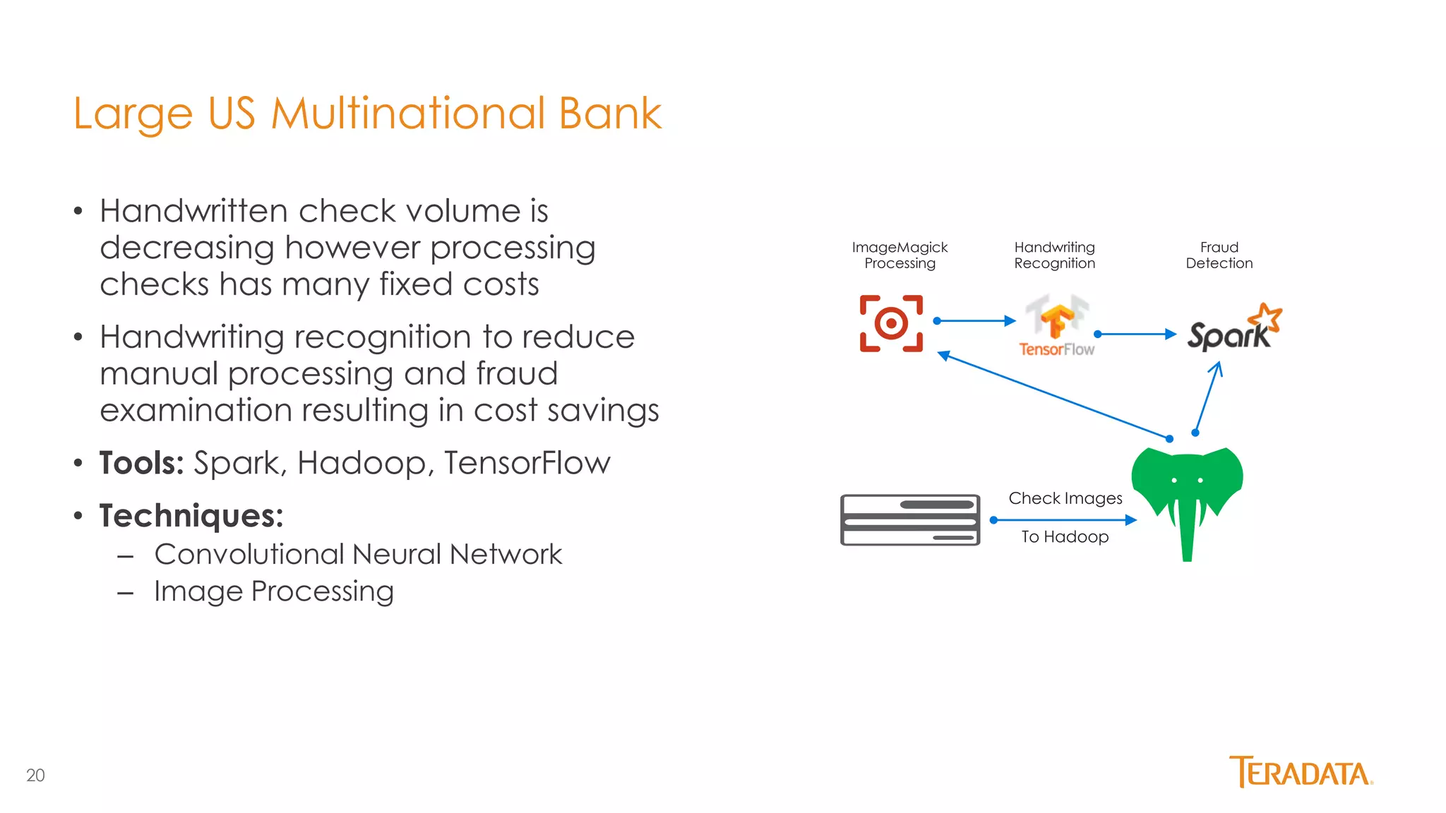 20
• Handwritten check volume is
decreasing however processing
checks has many fixed costs
• Handwriting recognition to reduce
manual processing and fraud
examination resulting in cost savings
• Tools: Spark, Hadoop, TensorFlow
• Techniques:
– Convolutional Neural Network
– Image Processing
Large US Multinational Bank
Check Images
To Hadoop
ImageMagick
Processing
Handwriting
Recognition
Fraud
Detection
 