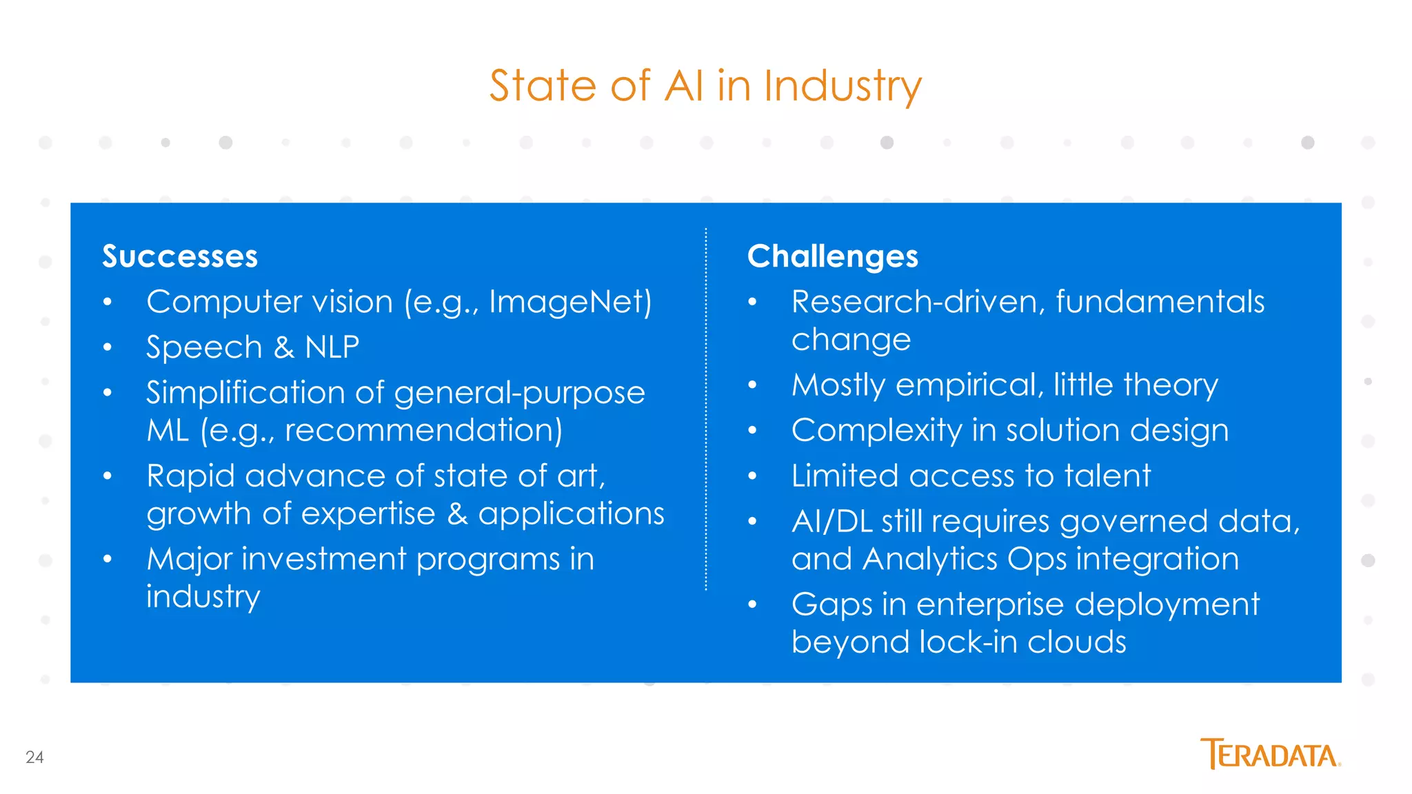 24
State of AI in Industry
Successes
• Computer vision (e.g., ImageNet)
• Speech & NLP
• Simplification of general-purpose
ML (e.g., recommendation)
• Rapid advance of state of art,
growth of expertise & applications
• Major investment programs in
industry
Challenges
• Research-driven, fundamentals
change
• Mostly empirical, little theory
• Complexity in solution design
• Limited access to talent
• AI/DL still requires governed data,
and Analytics Ops integration
• Gaps in enterprise deployment
beyond lock-in clouds
 