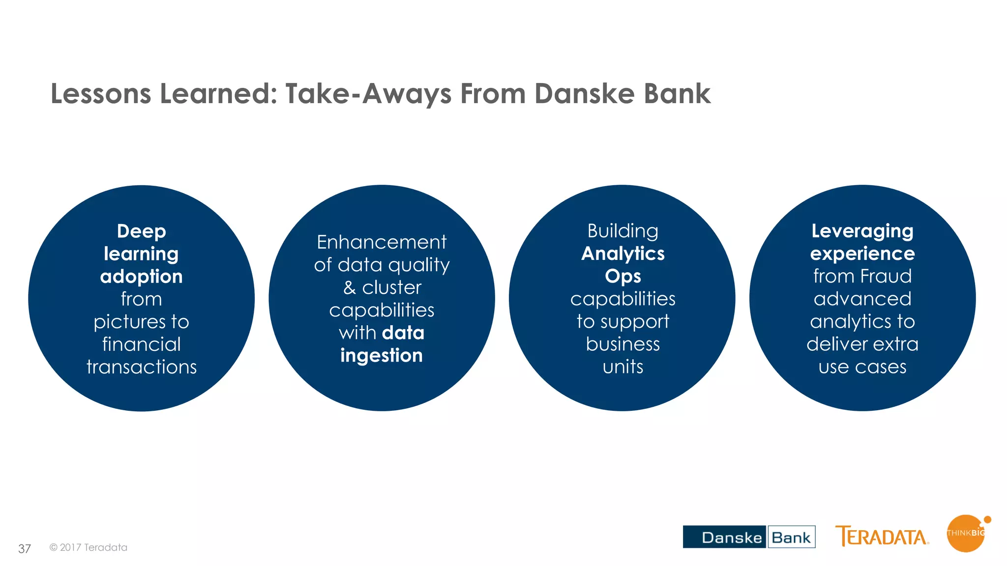 37
Lessons Learned: Take-Aways From Danske Bank
Deep
learning
adoption
from
pictures to
financial
transactions
Enhancement
of data quality
& cluster
capabilities
with data
ingestion
Building
Analytics
Ops
capabilities
to support
business
units
Leveraging
experience
from Fraud
advanced
analytics to
deliver extra
use cases
© 2017 Teradata
 