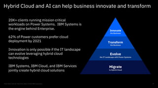 Hybrid Cloud and AI can help business innovate and transform
37
Think 2020 / DOC ID / Month XX, 2020 / © 2020 IBM Corporation
Migrate
to Hybrid Cloud
Transform
the Business
Innovate
the Business
Evolve
the IT Landscape with Power Systems
20K+ clients running mission critical
workloads on Power Systems. IBM Systems is
the engine behind Enterprise.
62% of Power customers prefer cloud
deployment by 2021
Innovation is only possible if the IT landscape
can evolve leveraging hybrid cloud
technologies
IBM Systems, IBM Cloud, and IBM Services
jointly create hybrid cloud solutions
 