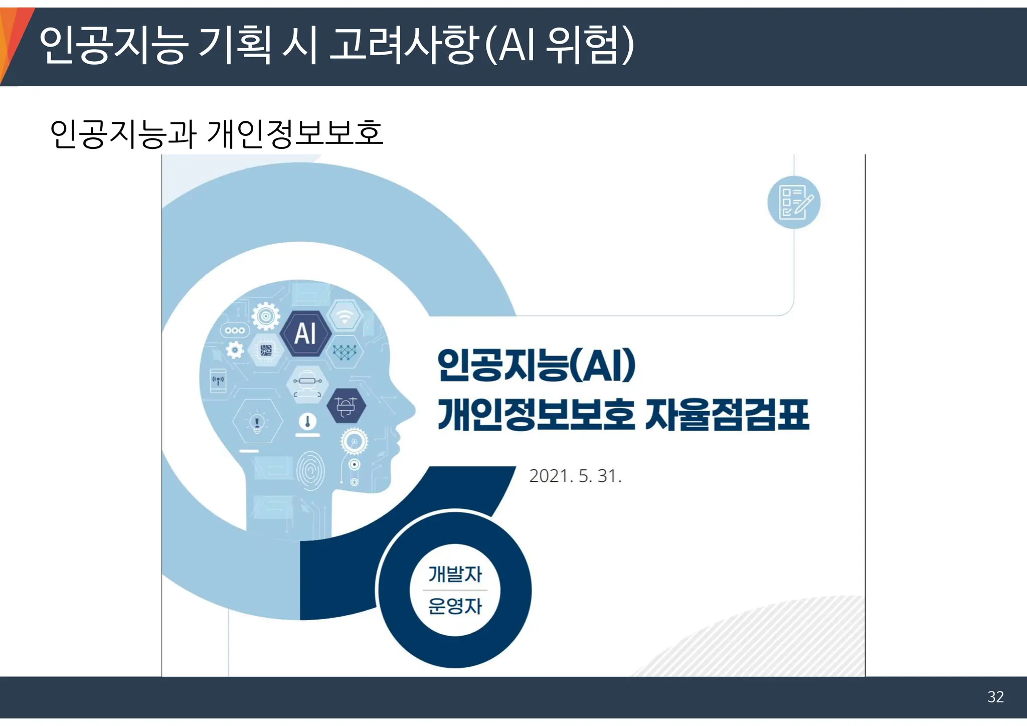 인공지능 기획 시 고려사항(AI 위험)
32
인공지능과 개인정보보호
 