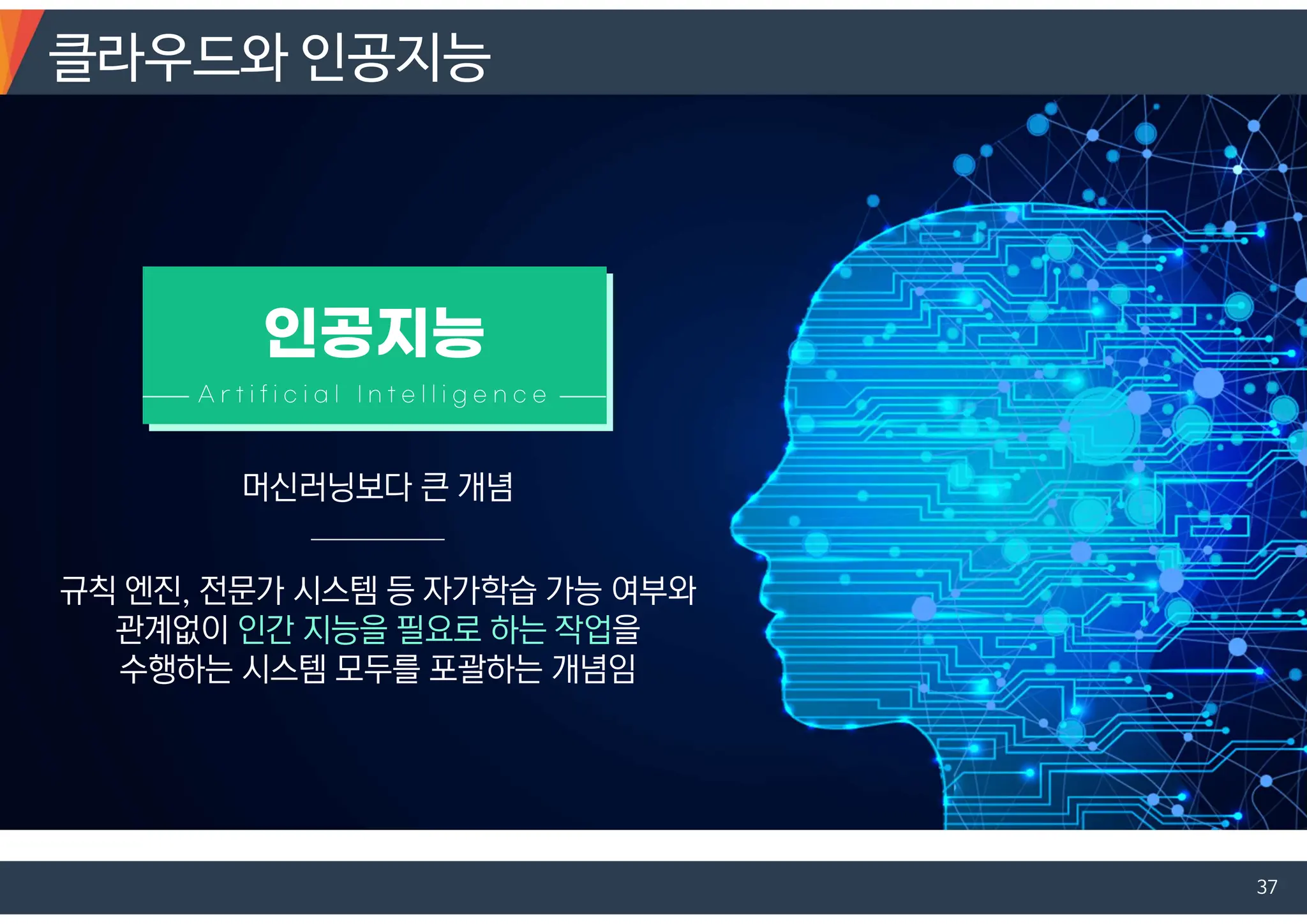 머신러닝보다 큰 개념
규칙 엔진, 전문가 시스템 등 자가학습 가능 여부와
관계없이 인간 지능을 필요로 하는 작업을
수행하는 시스템 모두를 포괄하는 개념임
클라우드와 인공지능
37
 