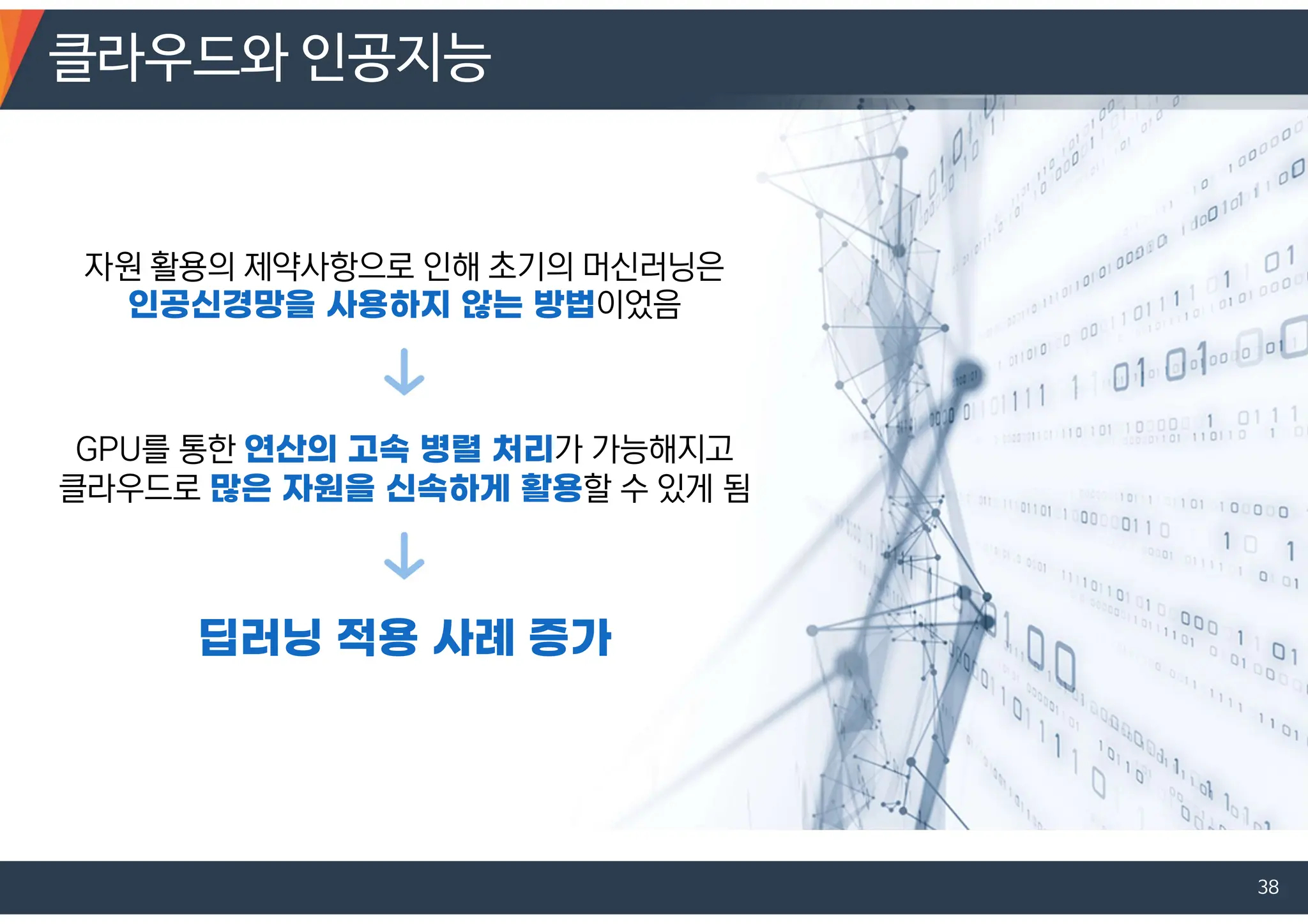 자원 활용의 제약사항으로 인해 초기의 머신러닝은
이었음
GPU를 통한 가 가능해지고
클라우드로 할 수 있게 됨
클라우드와 인공지능
38
 