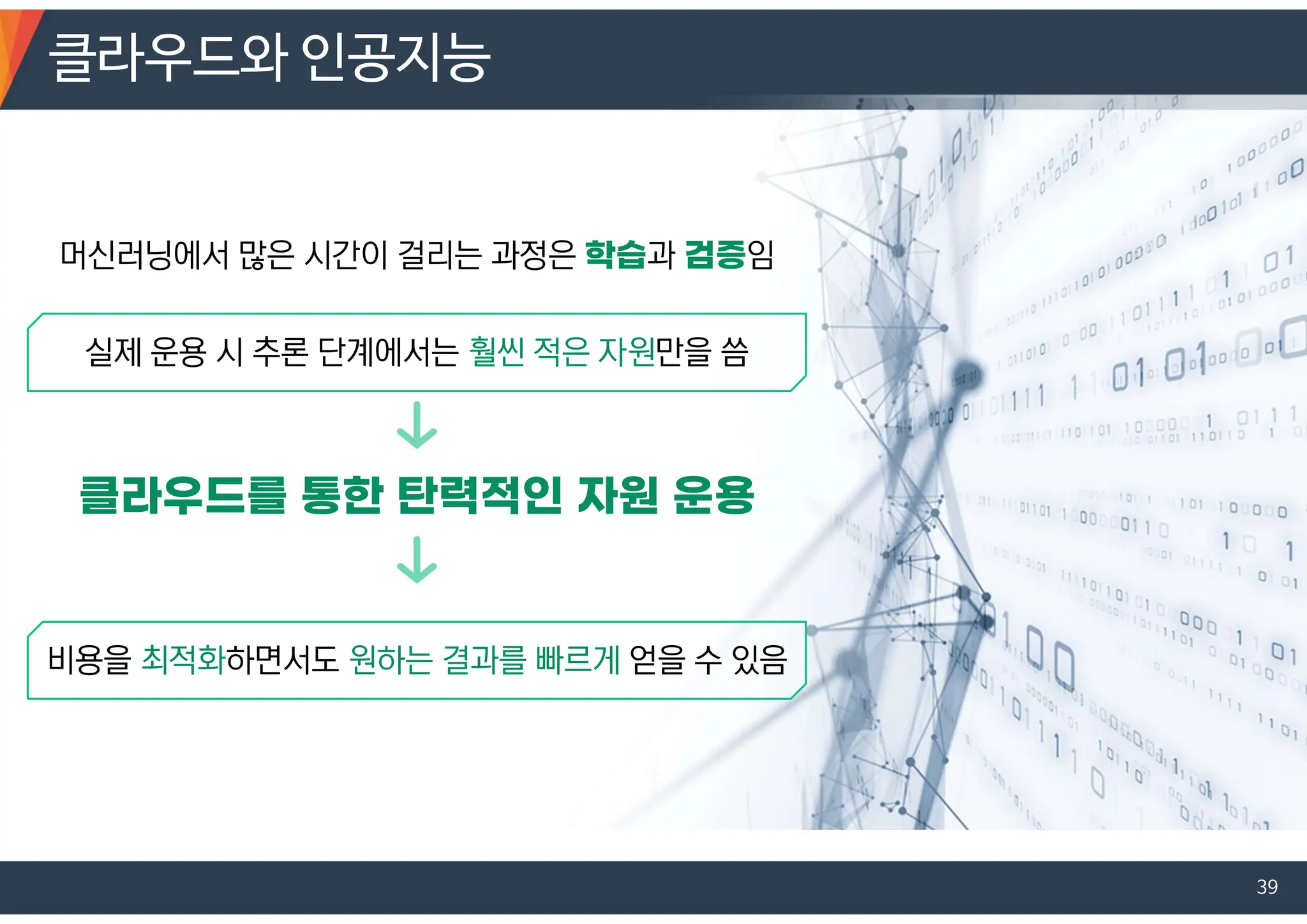머신러닝에서 많은 시간이 걸리는 과정은 과 임
실제 운용 시 추론 단계에서는 훨씬 적은 자원만을 씀
비용을 최적화하면서도 원하는 결과를 빠르게 얻을 수 있음
클라우드와 인공지능
39
 