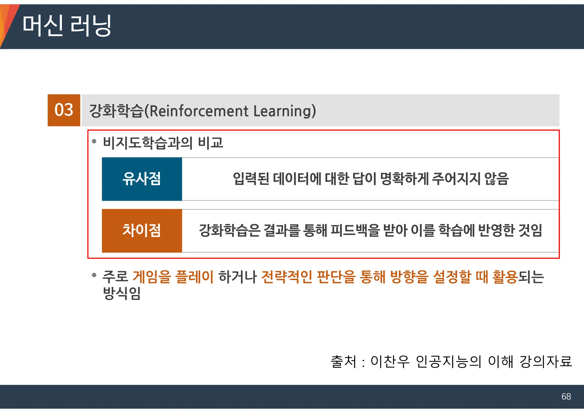 03 강화학습(Reinforcement Learning)
• 비지도학습과의 비교
• 주로 게임을 플레이 하거나 전략적인 판단을 통해 방향을 설정할 때 활용되는
방식임
입력된 데이터에 대한 답이 명확하게 주어지지 않음
유사점
강화학습은 결과를 통해 피드백을 받아 이를 학습에 반영한 것임
차이점
머신 러닝
출처 : 이찬우 인공지능의 이해 강의자료
68
 
