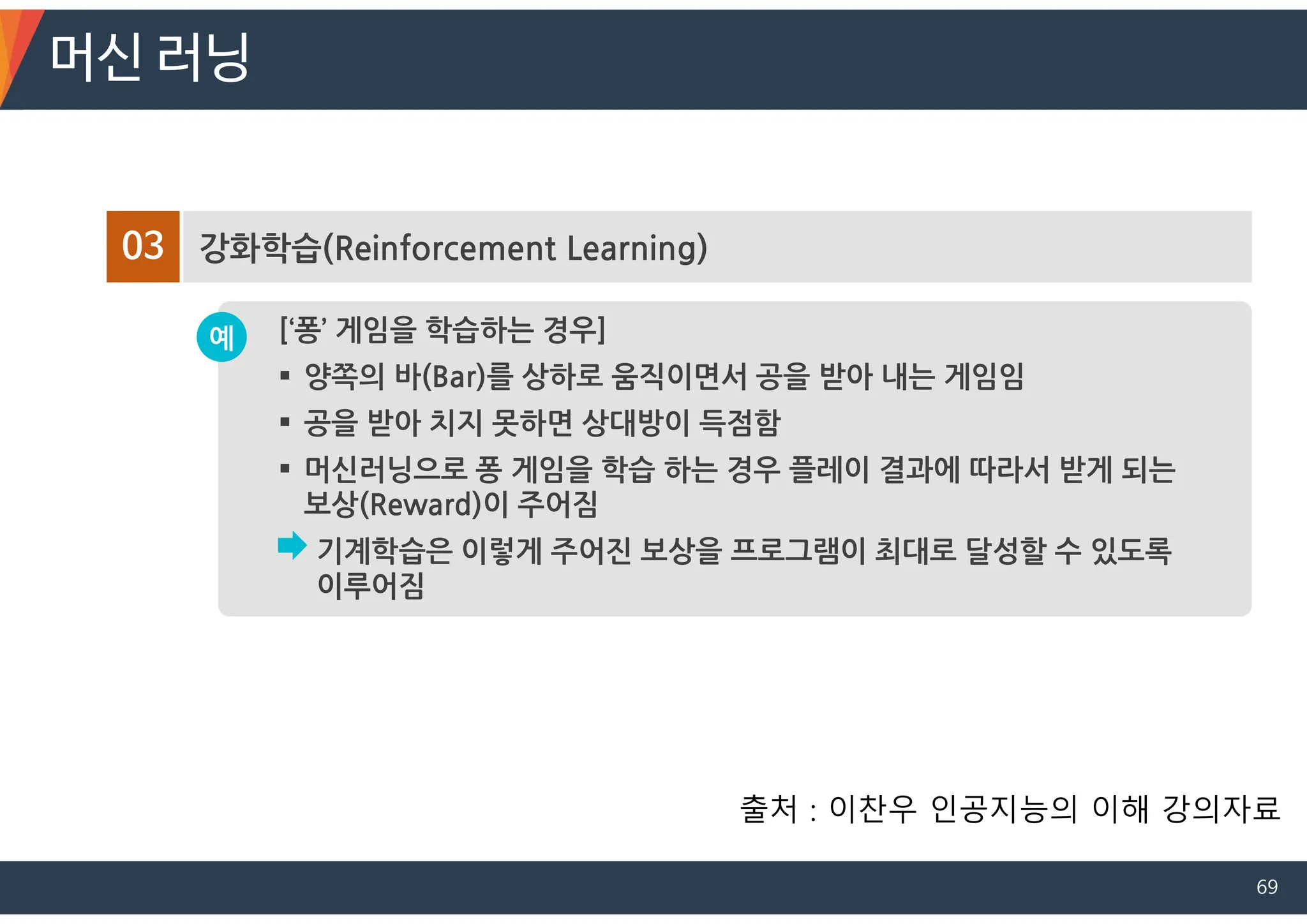 03 강화학습(Reinforcement Learning)
[‘퐁’ 게임을 학습하는 경우]
 양쪽의 바(Bar)를 상하로 움직이면서 공을 받아 내는 게임임
 공을 받아 치지 못하면 상대방이 득점함
 머신러닝으로 퐁 게임을 학습 하는 경우 플레이 결과에 따라서 받게 되는
보상(Reward)이 주어짐
기계학습은 이렇게 주어진 보상을 프로그램이 최대로 달성할 수 있도록
이루어짐
예
머신 러닝
출처 : 이찬우 인공지능의 이해 강의자료
69
 