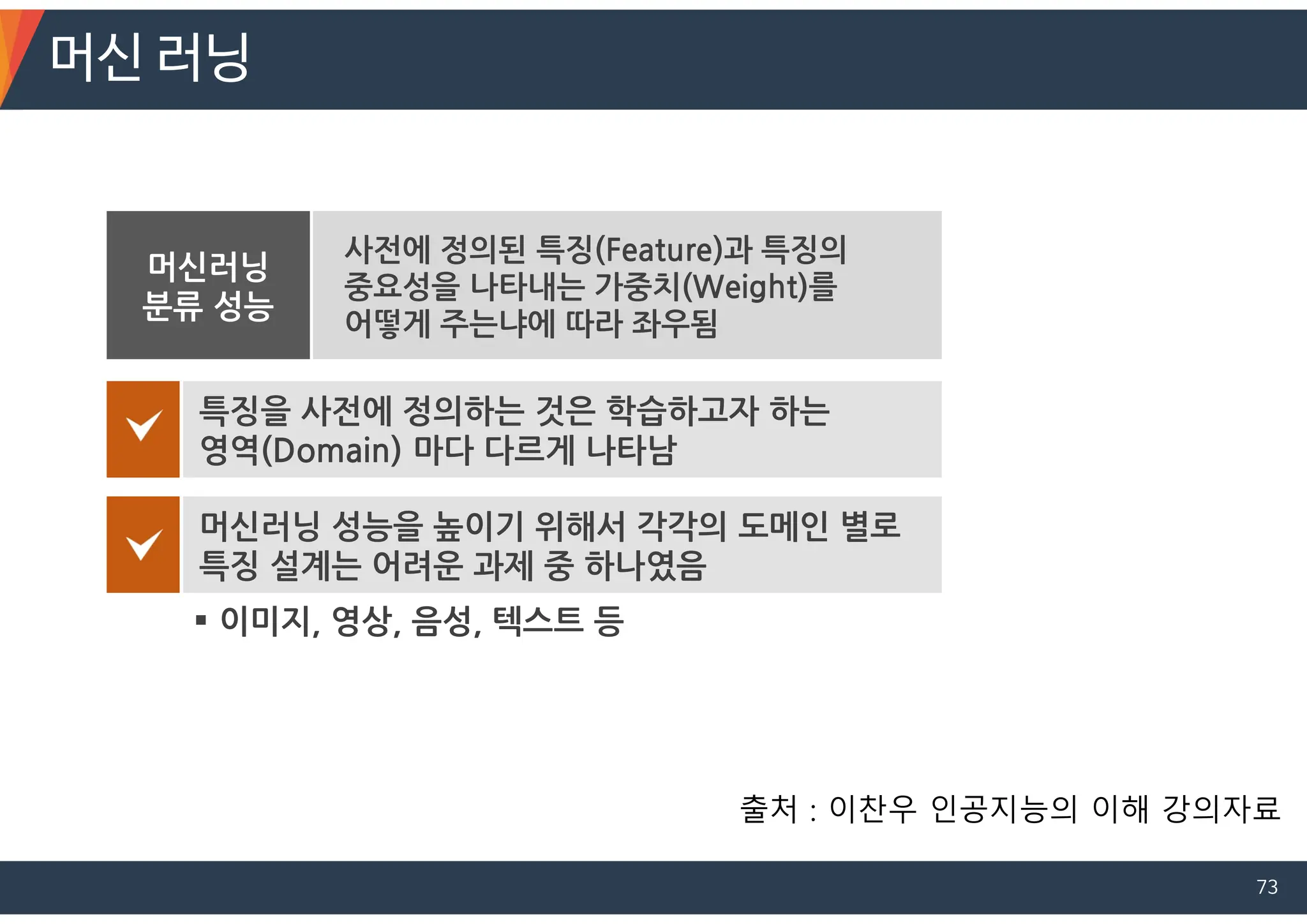 머신러닝
분류 성능
사전에 정의된 특징(Feature)과 특징의
중요성을 나타내는 가중치(Weight)를
어떻게 주는냐에 따라 좌우됨
머신러닝 성능을 높이기 위해서 각각의 도메인 별로
특징 설계는 어려운 과제 중 하나였음
특징을 사전에 정의하는 것은 학습하고자 하는
영역(Domain) 마다 다르게 나타남
 이미지, 영상, 음성, 텍스트 등
머신 러닝
출처 : 이찬우 인공지능의 이해 강의자료
73
 