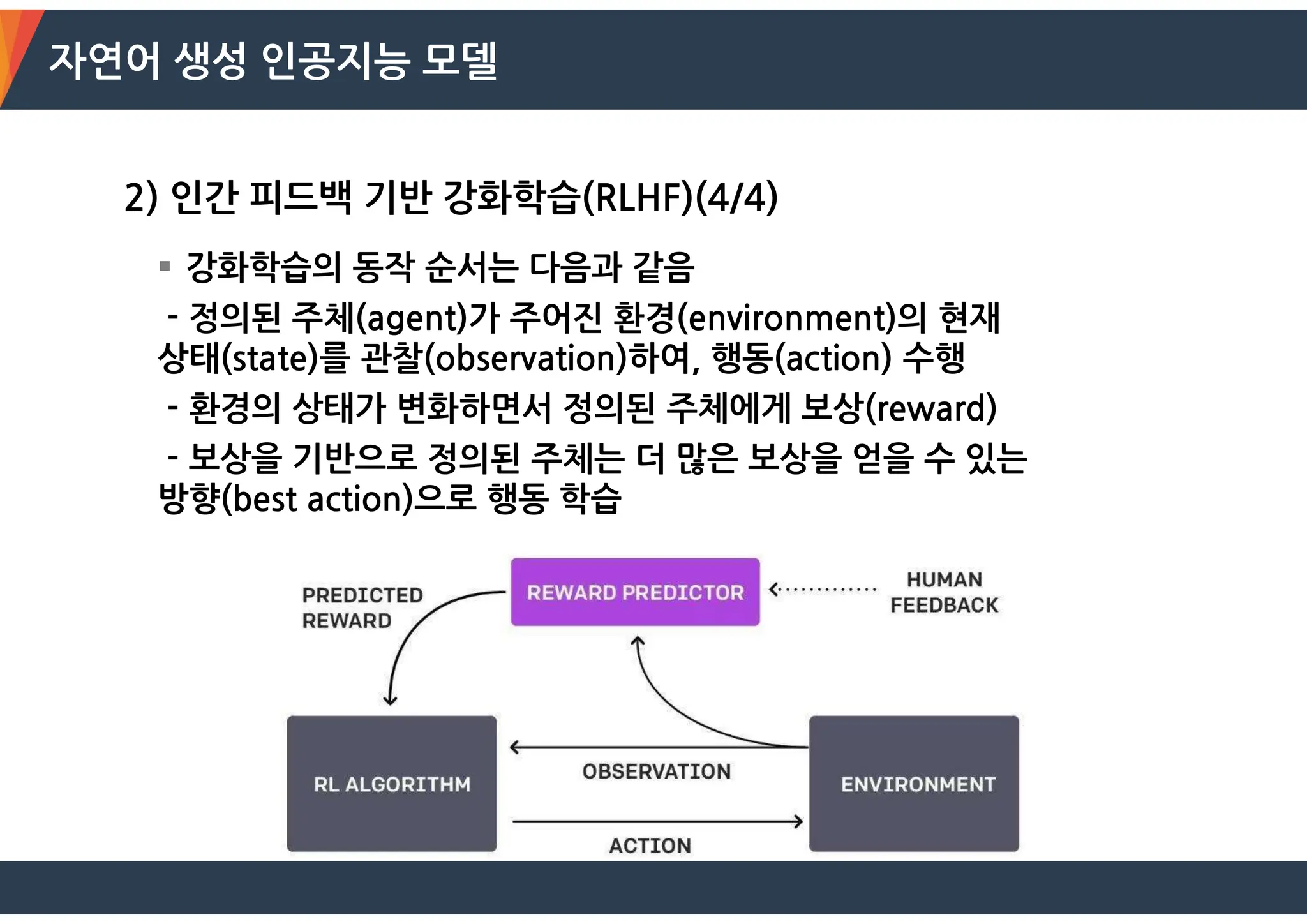 자연어 생성 인공지능 모델
2) 인간 피드백 기반 강화학습(RLHF)(4/4)
 강화학습의 동작 순서는 다음과 같음
- 정의된 주체(agent)가 주어진 환경(environment)의 현재
상태(state)를 관찰(observation)하여, 행동(action) 수행
- 환경의 상태가 변화하면서 정의된 주체에게 보상(reward)
- 보상을 기반으로 정의된 주체는 더 많은 보상을 얻을 수 있는
방향(best action)으로 행동 학습
 