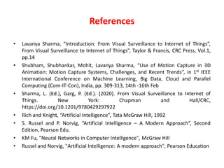 References
• Lavanya Sharma, “Introduction: From Visual Surveillance to Internet of Things”,
From Visual Surveillance to Internet of Things”, Taylor & Francis, CRC Press, Vol.1,
pp.14
• Shubham, Shubhankar, Mohit, Lavanya Sharma, “Use of Motion Capture in 3D
Animation: Motion Capture Systems, Challenges, and Recent Trends”, in 1st IEEE
International Conference on Machine Learning, Big Data, Cloud and Parallel
Computing (Com-IT-Con), India, pp. 309-313, 14th -16th Feb
• Sharma, L. (Ed.), Garg, P. (Ed.). (2020). From Visual Surveillance to Internet of
Things. New York: Chapman and Hall/CRC,
https://doi.org/10.1201/9780429297922
• Rich and Knight, “Artificial Intelligence”, Tata McGraw Hill, 1992
• S. Russel and P. Norvig, “Artificial Intelligence – A Modern Approach”, Second
Edition, Pearson Edu.
• KM Fu, "Neural Networks in Computer Intelligence", McGraw Hill
• Russel and Norvig, "Artificial Intelligence: A modern approach", Pearson Education
 