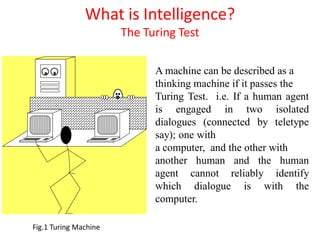 What is Intelligence?
The Turing Test
A machine can be described as a
thinking machine if it passes the
Turing Test. i.e. If a human agent
is engaged in two isolated
dialogues (connected by teletype
say); one with
a computer, and the other with
another human and the human
agent cannot reliably identify
which dialogue is with the
computer.
Fig.1 Turing Machine
 