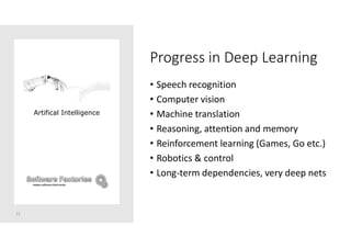Progress in Deep Learning
• Speech recognition
• Computer vision
• Machine translation
• Reasoning, attention and memory
• Reinforcement learning (Games, Go etc.)
• Robotics & control
• Long-term dependencies, very deep nets
21
Artifical Intelligence
 