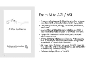 From AI to AGI / ASI
• Exponential data growth: big data, weather, science,
entertainment, unstructured and short-living data
• Complexity: climate, energy, resources, economics,
physics etc.
• Solving Al as Artificial General Intelligence (AGI) is
potentially the meta-solution to all these problems
• The goal is to make Al science and/or Al-assisted
science come true
• Artificial Strong Intelligence (ASI) aka AI-Singularity
with human-level and beyond could be a big Meta-
AI-Network of the AI-/AGI-Domains.
• ASI could come faster as we could think! It could be
very powerful and useful (and scary!). So it should be
used ethically and responsibly.
• Philosophical problems of the ASI
23
Artifical Intelligence
 