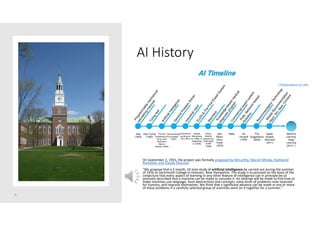 AI History
6
Artifical Intelligence
On September 2, 1955, the project was formally proposed by McCarthy, Marvin Minsky, Nathaniel
Rochester and Claude Shannon.
“We propose that a 2 month, 10 man study of artificial intelligence be carried out during the summer
of 1956 at Dartmouth College in Hanover, New Hampshire. The study is to proceed on the basis of the
conjecture that every aspect of learning or any other feature of intelligence can in principle be so
precisely described that a machine can be made to simulate it. An attempt will be made to find how to
make machines use language, form abstractions and concepts, solve kinds of problems now reserved
for humans, and improve themselves. We think that a significant advance can be made in one or more
of these problems if a carefully selected group of scientists work on it together for a summer.”
* Timeline-Source: K.E. Park
 