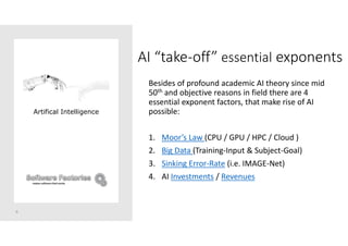 AI “take-off” essential exponents
Besides of profound academic AI theory since mid
50th and objective reasons in field there are 4
essential exponent factors, that make rise of AI
possible:
1. Moor’s Law (CPU / GPU / HPC / Cloud )
2. Big Data (Training-Input & Subject-Goal)
3. Sinking Error-Rate (i.e. IMAGE-Net)
4. AI Investments / Revenues
9
Artifical Intelligence
 