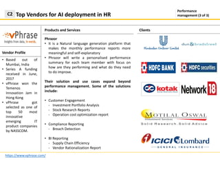 Products and Services
Top Vendors for AI deployment in HRC2
https://www.vphrase.com/
Clients
Vendor Profile
Phrazor
• It is a Natural language generation platform that
makes the monthly performance reports more
meaningful and self-explanatory
• Phrazor will write a personalised performance
summary for each team member with focus on
how are they performing and what do they need
to do improve.
Their solution and use cases expand beyond
performance management. Some of the solutions
include:
• Customer Engagement
- Investment Portfolio Analysis
- Stock Research Reports
- Operation cost optimization report
• Compliance Reporting
- Breach Detection
• BI Reporting
- Supply Chain Efficiency
- Vendor Rationalization Report
Performance
management (3 of 3)
• Based out of
Mumbai, India
• Series A funding
received in June,
2017
• vPhrase won the
Temenos
Innovation Jam in
Hong Kong
• vPhrase got
selected as one of
top 50 most
innovative
emerging IT
product companies
by NASSCOM.
 
