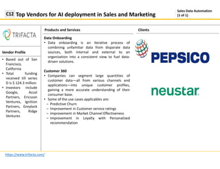 Products and Services
Top Vendors for AI deployment in Sales and MarketingC12
https://www.trifacta.com/
Clients
Vendor Profile
Sales Data Automation
(1 of 1)
• Based out of San
Francisco,
California
• Total funding
received till series
D is $ 124.3 million
• Investors include
Google, Accel
Partners, Ericsson
Ventures, Ignition
Partners, Greylock
Partners, Ridge
Ventures
Data Onboarding
• Data onboarding is an iterative process of
combining unfamiliar data from disparate data
sources, both internal and external to an
organization into a consistent view to fuel data-
driven solutions.
Customer 360
• Companies can segment large quantities of
customer data—all from various channels and
applications—into unique customer profiles,
gaining a more accurate understanding of their
consumer base.
• Some of the use cases applicables are:
‒ Predictive Churn
‒ Improvement in Customer service ratings
‒ Improvement in Market Channel Effectiveness
‒ Improvement in Loyalty with Personalized
recommendation
 