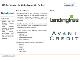 Products and Services
Top Vendors for AI deployment in Fin TechC14
https://datarobot.com/
Clients
Vendor Profile
Financial Analytics
Platforms (1 of 1)
• Based out of
Greater Boston
area, US
• Total funding
received till series
C is $ 111.4 million
• Intel Capital,
Accomplice, Plug
and Play, New York
Life Insurance, IA
Ventures
• DataRobot captures the knowledge, experience,
and best practices of the world’s leading data
scientists, delivering unmatched levels of
automation and ease-of-use for machine learning
initiatives.
• DataRobot enables Fintech users and companies to
build and deploy highly accurate machine learning
models in a fraction of the time.
• It has solutions across different verticals of the
finance industry:
‒ Payments
‒ Digital Wealth
‒ Blockchain transactions
‒ Direct Marketing
• Some of the other industries it specializes in:
‒ Insurance
‒ Banking
‒ Energy
‒ Healtcare
‒ Public Sector
 