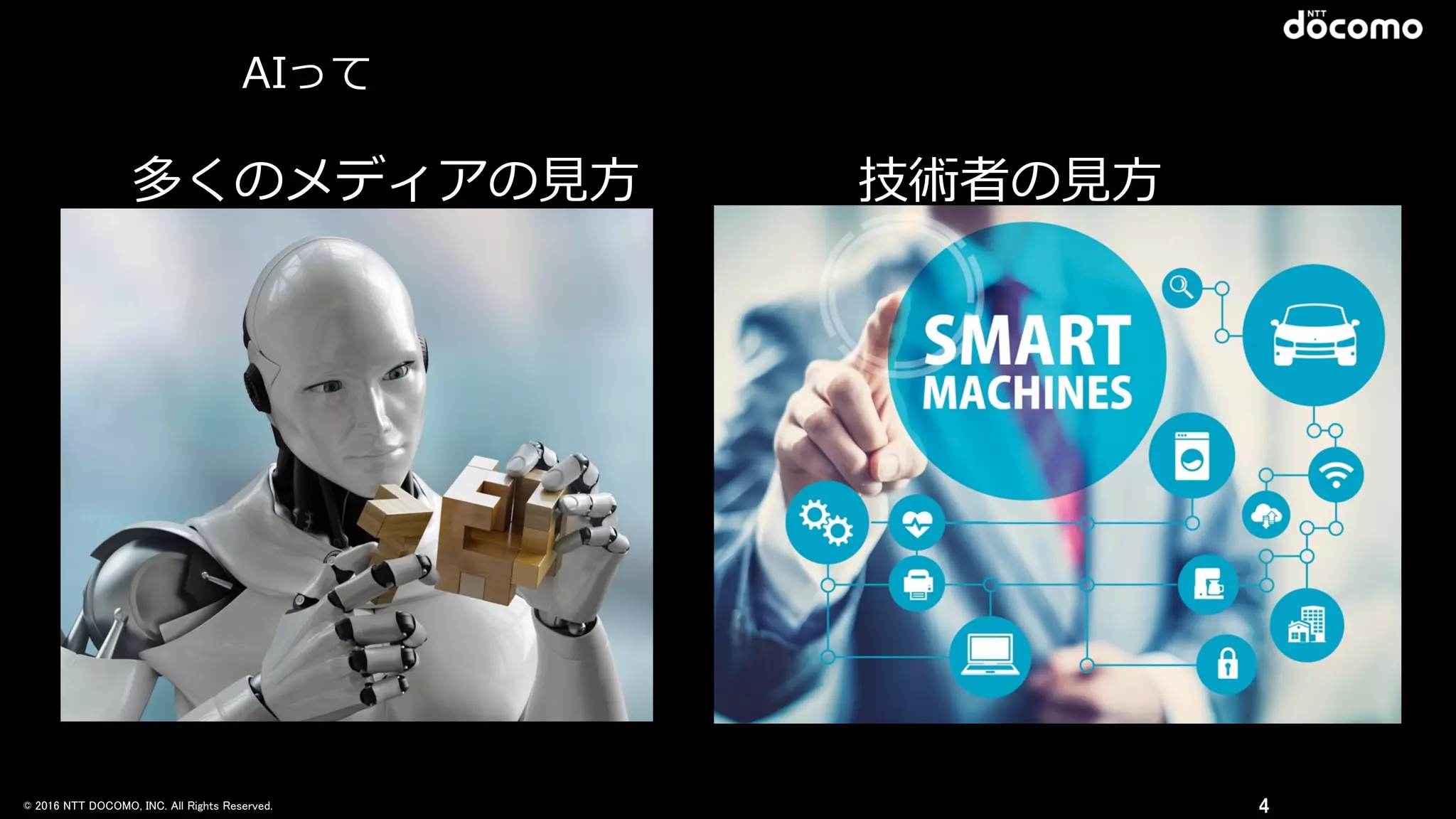 © 2016 NTT DOCOMO, INC. All Rights Reserved. 4
多くのメディアの⾒見見⽅方 技術者の⾒見見⽅方
AIって
 