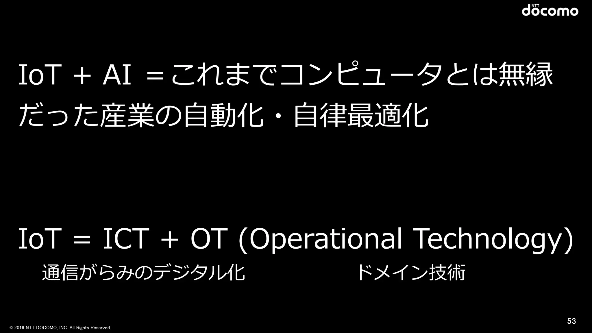 © 2016 NTT DOCOMO, INC. All Rights Reserved.
53
ドメイン技術通信がらみのデジタル化
IoT  +  AI  ＝これまでコンピュータとは無縁
だった産業の⾃自動化・⾃自律律最適化  
IoT  =  ICT  +  OT  (Operational  Technology)
 