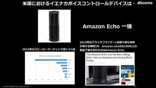 © 2016 NTT DOCOMO, INC. All Rights Reserved. 11
⽶米国におけるイエナカボイスコントロールデバイスは・・・
Amazon  Echo  ⼀一強
2015年年のスピーカーマーケットで断トツ1位
2015年年のブラックフライデー(⽶米国で最も消費
が伸びる期間)中、Amazon.comの$100以上の
商品で最も売れたのはAmazon  Echo
 