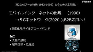 © 2016 NTT DOCOMO, INC. All Rights Reserved.
モバイルインターネットの出現 　（1998）
→５Gネットワーク(2020-‐‑‒),B2B応⽤用へ！
●⾼高度度化モバイルブロードバンド  
IoT  
● ⼤大量量の接続  
● 超⾼高信頼・低遅延  
26
第2次AIブーム時代(1982-‐‑‒1992）と今との決定的違い
 