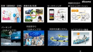 © 2016 NTT DOCOMO, INC. All Rights Reserved. 39
農業⽣生産/流流通医療療（遠隔検診・診療療)
パーキング  
（公共インフラ）
次世代交通システム
市⺠民⾒見見守り  
（公共インフラ）
マーケティング
IoTプロダクト製造
⾼高齢化社会の  
新コミュニケーション
 