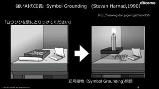 © 2016 NTT DOCOMO, INC. All Rights Reserved.
http://redwing-‐‑‒don.jugem.jp/?eid=855
「ロウソクを壁にとりつけてください」
記号接地（Symbol  Grounding)問題
6
強いAIの定義:  Symbol  Grounding 　(Stevan  Harnad,1990）
 