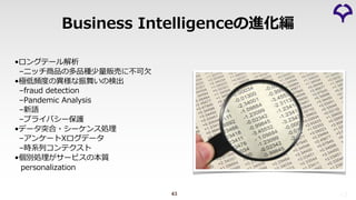 43 43
•ロングテール解析
–ニッチ商品の多品種少量販売に不可⽋
•極低頻度の異様な振舞いの検出
–fraud detection
–Pandemic Analysis
–新語
–プライバシー保護
•データ突合・シーケンス処理
–アンケートXログデータ
–時系列コンテクスト
•個別処理がサービスの本質
personalization
Business Intelligenceの進化編
 