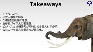 Takeaways
56
• デジタル≠IT。
• 研究＝事業の時代。
• DX期待症候群に注意。
• ⽣存者バイアスに要注意。
• ビジネスと技術開発が同時にできる⼈材が必須。
• 会社の枠を超えた働き⽅が顕在化。
 