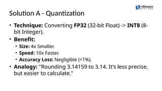 Solution A - Quantization
• Technique: Converting FP32 (32-bit Float) -> INT8 (8-
bit Integer).
• Benefit:
• Size: 4x Smaller.
• Speed: 10x Faster.
• Accuracy Loss: Negligible (<1%).
• Analogy: "Rounding 3.14159 to 3.14. It’s less precise,
but easier to calculate."
 