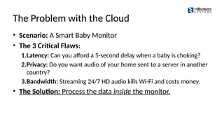 The Problem with the Cloud
• Scenario: A Smart Baby Monitor
• The 3 Critical Flaws:
1.Latency: Can you afford a 5-second delay when a baby is choking?
2.Privacy: Do you want audio of your home sent to a server in another
country?
3.Bandwidth: Streaming 24/7 HD audio kills Wi-Fi and costs money.
• The Solution: Process the data inside the monitor.
 
