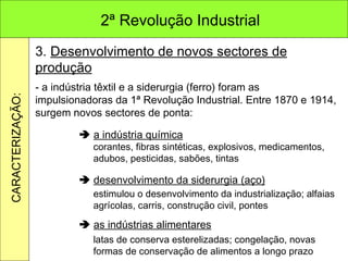 3.  Desenvolvimento de novos sectores de produção - a indústria têxtil e a siderurgia (ferro) foram as impulsionadoras da 1ª Revolução Industrial. Entre 1870 e 1914, surgem novos sectores de ponta:    a indústria química    desenvolvimento da siderurgia (aço)    as indústrias alimentares corantes, fibras sintéticas, explosivos, medicamentos, adubos, pesticidas, sabões, tintas estimulou o desenvolvimento da industrialização; alfaias agrícolas, carris, construção civil, pontes latas de conserva esterelizadas; congelação, novas formas de conservação de alimentos a longo prazo 2ª Revolução Industrial CARACTERIZAÇÃO: 