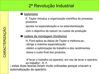    taylorismo F. Taylor introduz a organização científica do processo produtivo    cadeia de montagem (fordismo) H. Ford aplica as ideias de Taylor e melhora-as.: aposta na especialização e na estandardização com o objectivo de reduzir os custos de produção -atinge a máxima especialização -obtém a optimização do trabalho e dos rendimentos -baixa o custo final dos produtos  “ levar o trabalho ao operário, em vez de levar o operário ao trabalho”. H. F. - estas duas teorias foram muito criticadas porque criavam a automatização do operário. 2ª Revolução Industrial CARACTERIZAÇÃO: 