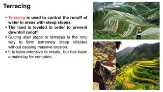 Terracing
 Terracing is used to control the runoff of
water in areas with steep slopes.
 The land is leveled in order to prevent
downhill runoff
 Cutting stair steps or terraces is the only
way to farm extremely steep hillsides
without causing massive erosion.
 It is labor-intensive to create, but has been
a mainstay for centuries.
 