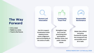 The Way
Forward
AI is a tool.
Radio is a voice.
Trust is the future.
Use AI to support
broadcasters while
keeping human
voices, judgement,
and accountability at
the centre of radio.
Strengthen long-
term trust by
prioritising local
participation,
familiar voices, and
public interest
values.
Human-Led
Innovation
Community
Trust First
Adopt clear ethical
and policy
frameworks to guide
the transparent and
accountable use of
AI in radio.
Responsible
Governance
WORLD RADIO DAY I 13 February 2026
 