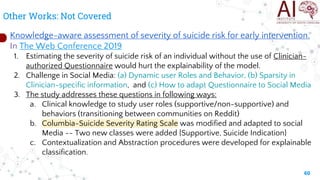 Other Works: Not Covered
60
Knowledge-aware assessment of severity of suicide risk for early intervention.
In The Web Conf...